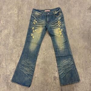 Vintage Y2K Sandblasted Distressed Low-Rise Flare Jeans